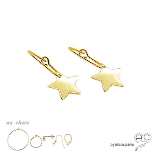 Boucles d'oreilles avec pendent étoile en plaqué or, mini créoles, choix des différentes attaches