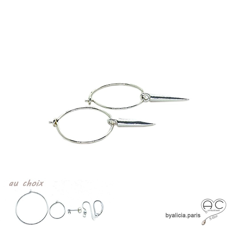 Boucles d'oreilles avec petites pointes en argent massif, mini créoles, choix des différentes attaches