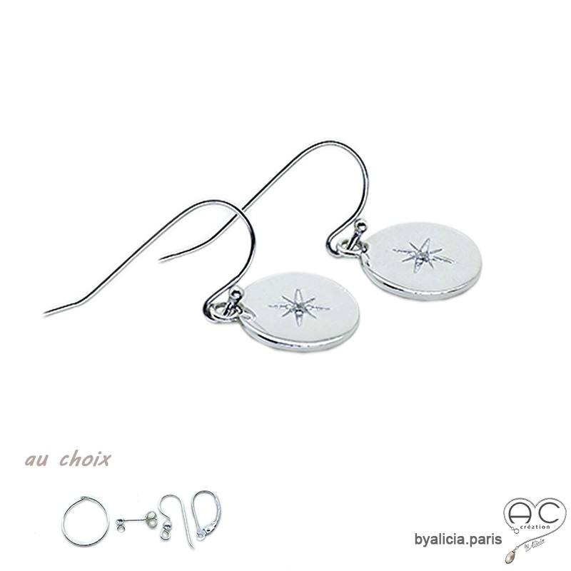 Boucles d'oreilles médaille ronde en argent avec étoile gravée et sertie de zirconium brillant