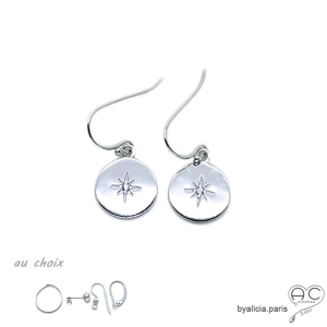 Boucles d'oreilles médaille ronde en argent avec étoile gravée et sertie de zirconium brillant