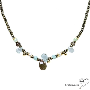Collier en pyrite et méli-mélo de pierres semi-précieuses bleues, perles de culture, plaqué or, fait main, création by Alicia