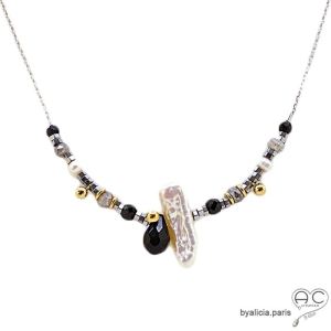 Collier perle baroque, méli-mélo de pierres naturelles noir et gris, argent rhodié, fait main, création by Alicia