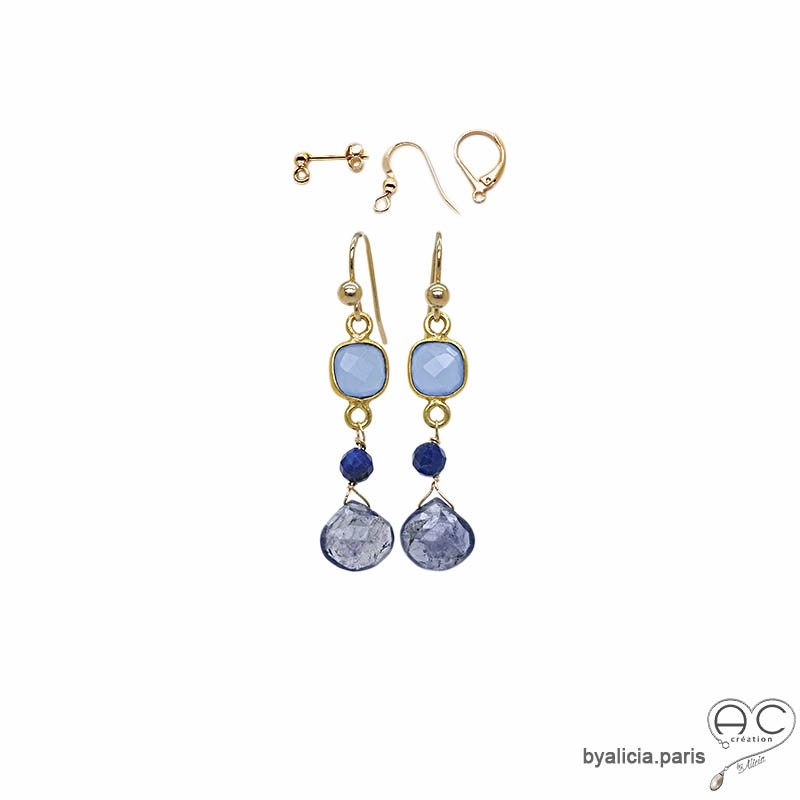 Boucles d'oreilles calcédoine bleue, iolite, plaqué or, cascade de pierres naturelles, fait main, création by Alicia