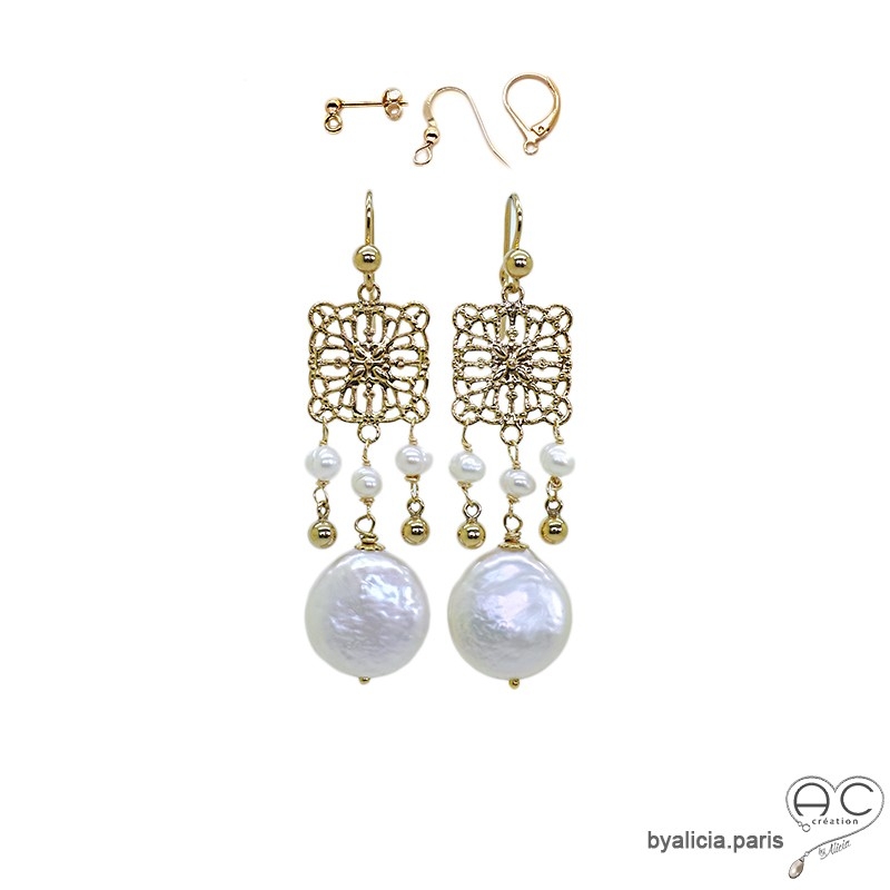 Boucles d'oreilles perle baroque et carré arabesque en plaqué or avec pampilles, pendantes, fait main, création by Alicia