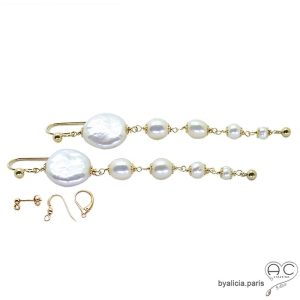 Boucles d'oreilles longues, perle baroque et perles de culture, plaqué or, fait main, création by Alicia