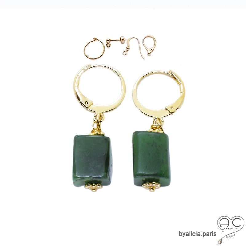 Boucles d'oreilles jade, plaqué or 750 3MIC, pierre naturelle verte forme baroque, fait main, création by Alicia