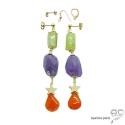 Boucles d\'oreilles longues, grenat vert, améthyste, cornaline, plaqué or, fait main, création by Alicia