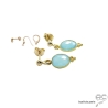 Boucles d'oreilles calcédoine bleue, petites, pendantes, vintage, plaqué or, fait main, création by Alicia