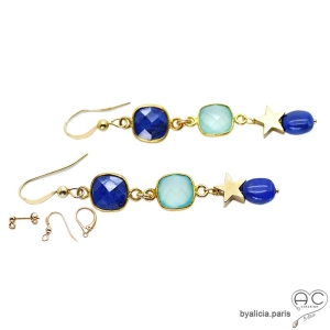 Boucles d'oreilles lapis-lazuli et calcédoine, étoile, plaqué or, fait main, création by Alicia