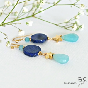 Boucles d'oreilles lapis-lazuli et calcédoine bleue, étoile, plaqué or, fait main, création by Alicia
