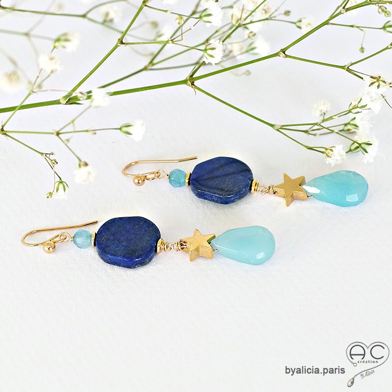 Boucles d'oreilles lapis-lazuli et calcédoine bleue, étoile, plaqué or, fait main, création by Alicia