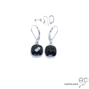 Boucles d'oreilles onyx noir, pierre semi-précieuse et argent 925, pendantes, création by Alicia