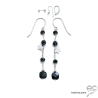 Boucles d'oreilles pierre naturelle onyx et spinelle noire, chaîne en argent rhodié, longues, pendantes, création by Alicia