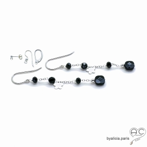 Boucles d'oreilles pierre naturelle onyx et spinelle noire, chaîne en argent rhodié, longues, pendantes, création by Alicia