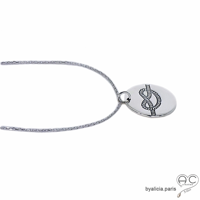 Pendentif médaille ronde avec noeud marin gravée, en argent 925 rhodié,  tendance, bohème, femme