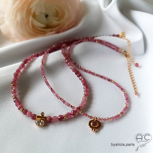 Collier tourmaline rose, plaqué or 3MIC, fait main, création by Alicia