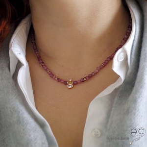 Collier tourmaline rose, plaqué or 3MIC, fait main, création by Alicia