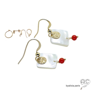 Boucles d'oreilles nacre et racine de corail, plaqué or, fait main, création by Alicia