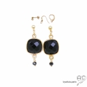 Boucles d\'oreilles onyx noir et plaqué or, pendantes, création by Alicia