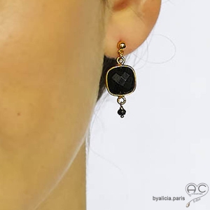Boucles d'oreilles onyx noir et plaqué or, pendantes, fait main, création by Alicia