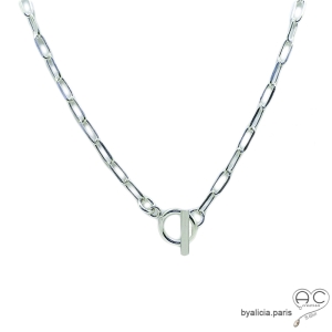 collier sautoir argent massif 925 chaîne grands maillons ovales fermoir toggle femme tendance création by Alicia