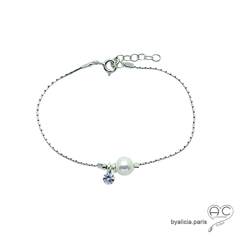 Bracelet fin perle de culture et brillant sur une chaîne en argent massif rhodié, fait main, création by Alicia