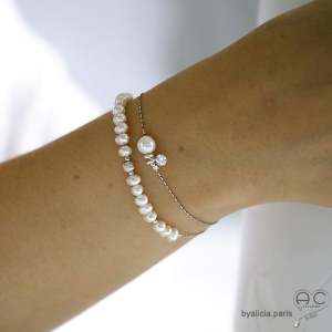Bracelet fin perle de culture et brillant sur une chaîne en argent massif rhodié, fait main, création by Alicia
