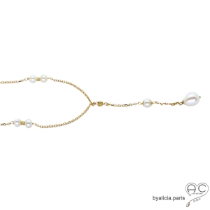 Collier cravate perles de culture d'eau douce, plaqué or, fait main, création by Alicia