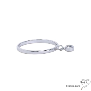 Bague anneau fin avec pampille zirconium rond argent 925 rhodié