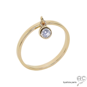 Bague anneau fin avec pampille zirconium rond plaqué or