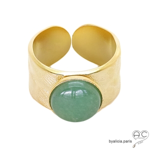 Bague avec aventurine sur un anneau en plaqué or, pierre naturelle verte, femme
