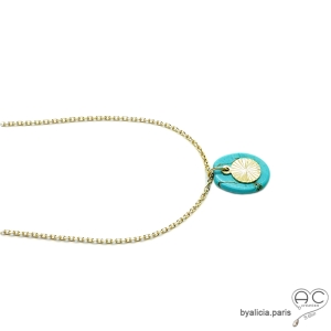 Collier pendentif avec turquoise et médaille soleil en plaqué or, fait main, création by Alicia
