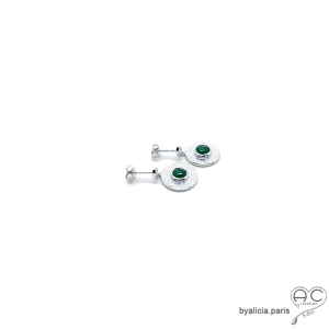 Boucles d'oreilles rondes, pendantes en argent 925 rhodié martelé avec agate vert