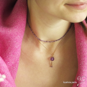 Améthyste, collier fin, chaine en pierre naturelle violette, iolite, fait main, création by Alicia