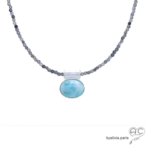 Saphir d'eau, collier fin, chaine en pierre naturelle bleue, iolite, fait main, création by Alicia