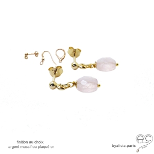 Boucles d'oreilles quartz rose, plaqué or ou argent, petites, pendantes, pierre naturelle, fait main, création by Alicia