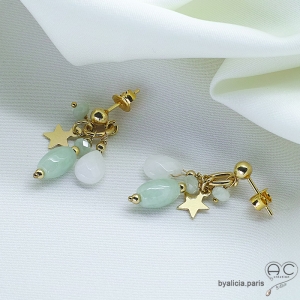 Boucles d'oreilles pampilles jade et étoile en vermeil, pendantes, fait main, création by Alicia