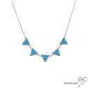 Collier avec pampilles triangles sertis de turquoise nano, argent 925 rhodié, ras de cou, femme