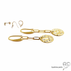 Boucles d'oreilles, médaille martelé sur chaîne, en plaqué or, pendantes, longues, choix des différentes attaches, femme
