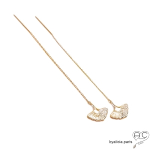 Boucles d'oreilles GINKGO feuilles sur une chaine, traversantes, pendantes, en plaqué or, femme, tendance