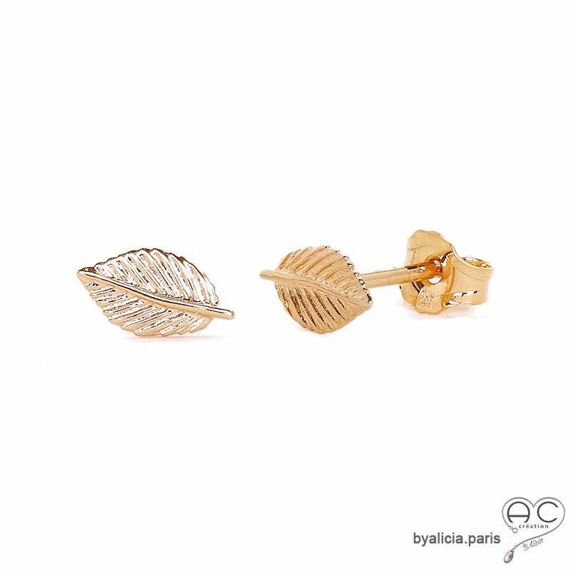 Boucles d'oreilles feuilles en plaqué or, puces, clous, petites, femme