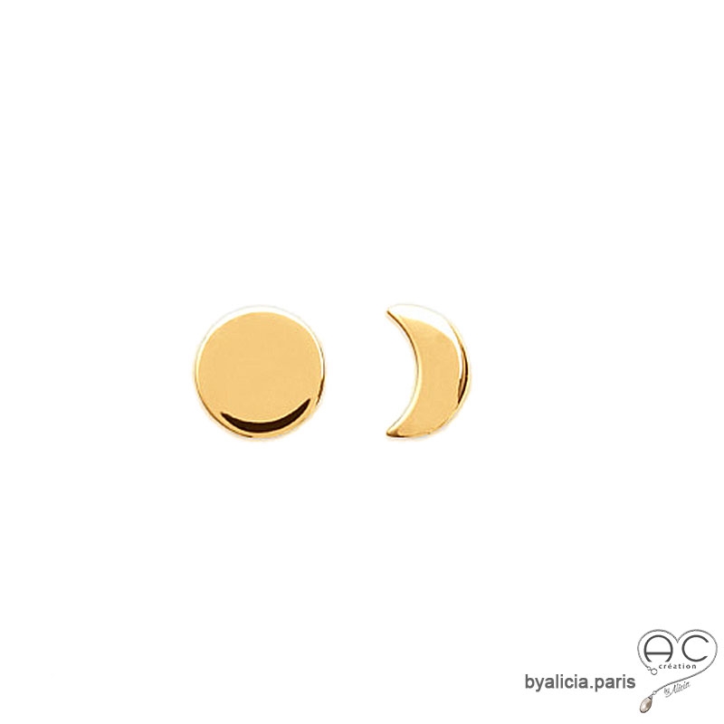 Boucles d'oreilles croissant de lune et soleil en plaqué or, puces, clous, petites, femme