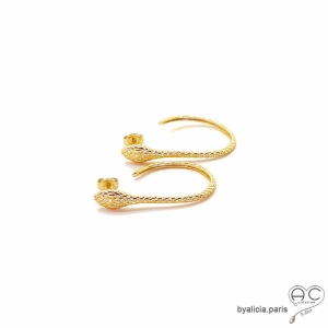 Boucles d'oreilles créoles motif serpent en argent 925 dorées a l'or fin 18K, femme, tendance, ethnique