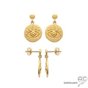 Boucles d'oreilles oeil gravé sur une médaille ronde en plaqué or satiné, pendantes, ethnique, femme