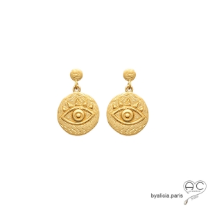 Boucles d'oreilles oeil gravé sur une médaille ronde en plaqué or satiné, pendantes, ethnique, femme