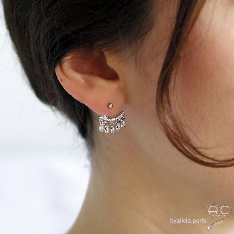 Boucles d'oreilles contours dessous lobes en argent massif avec pampilles en zirconiums brillants