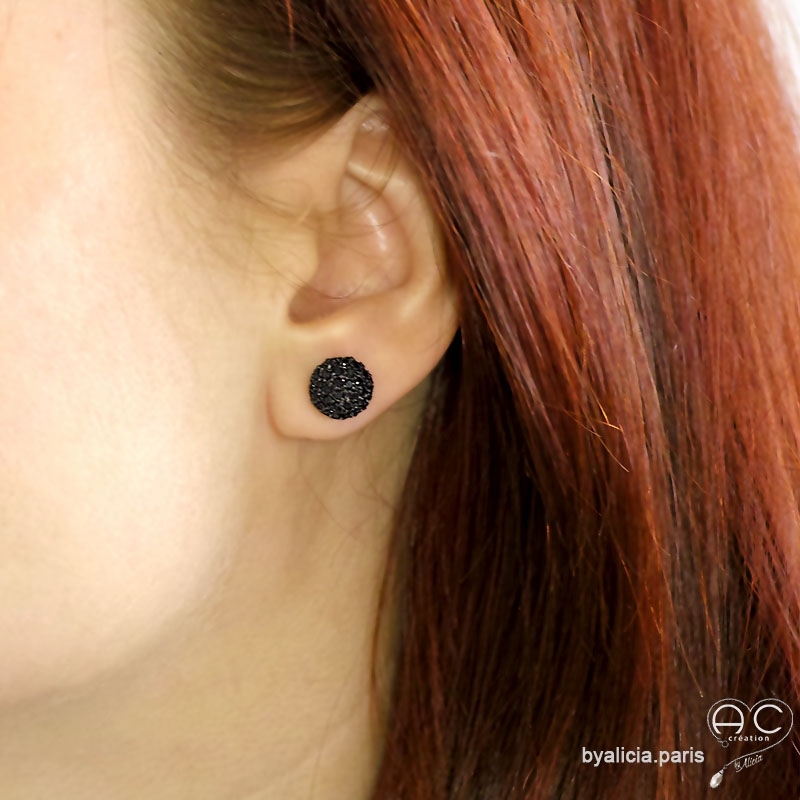 Boucles d'oreilles demi-boules noires en zirconium brillant et argent massif rhodié, puces d'oreilles femme