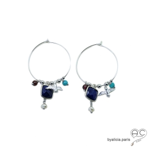 Boucles d'oreilles créoles lapis lazuli avec pampilles en pierres naturelles, argent massif, fait main, création by Alicia