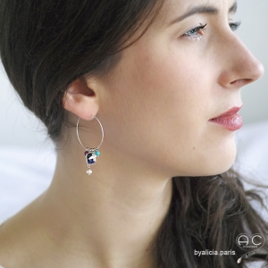 Boucles d'oreilles créoles lapis lazuli avec pampilles en pierres naturelles, argent massif, fait main, création by Alicia
