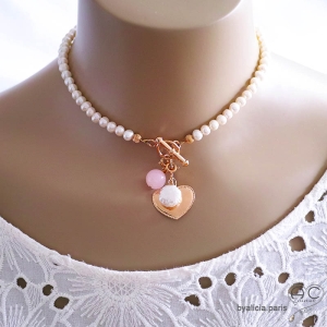 Collier en perles de culture d'eau douce avec grand fermoir plaqué or, ras de cou, création by Alicia